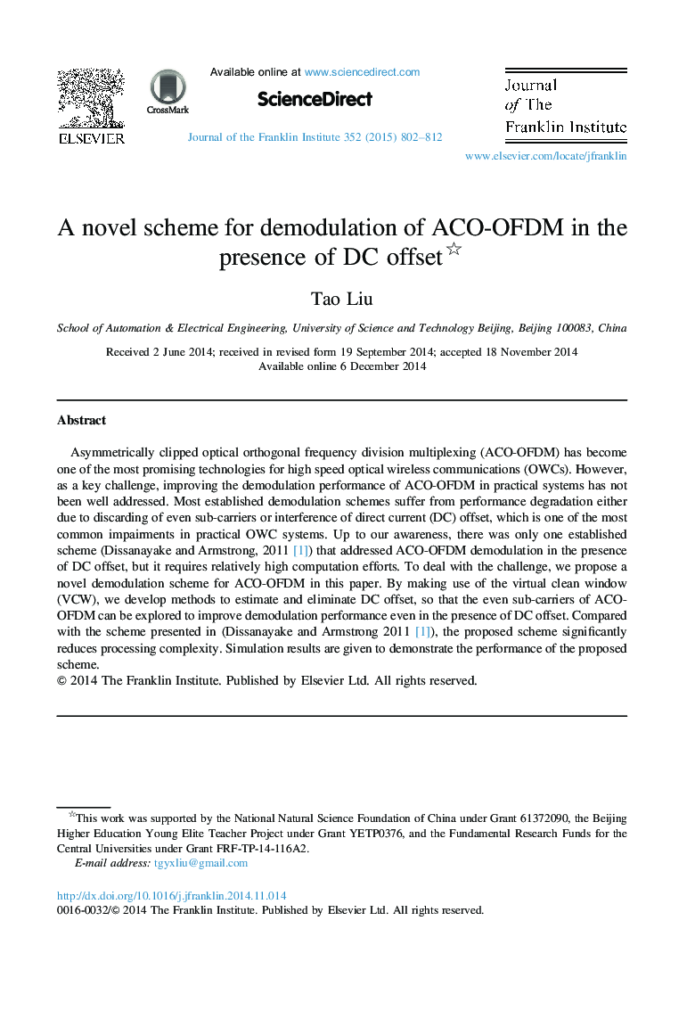 A novel scheme for demodulation of ACO-OFDM in the presence of DC offset