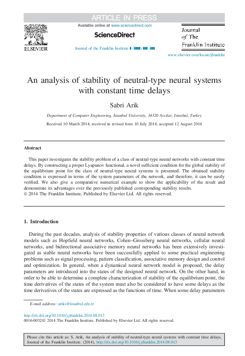 An analysis of stability of neutral-type neural systems with constant time delays