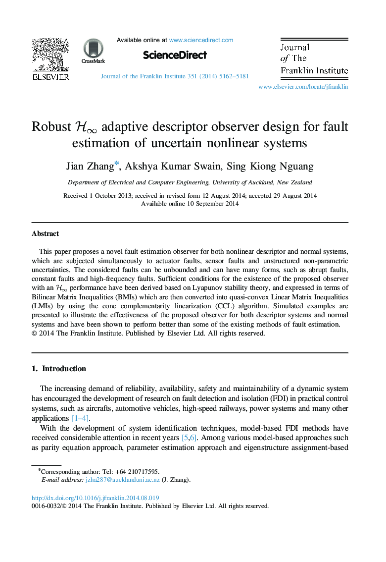 عکس صفحه اول مقاله: Robust Hâ adaptive descriptor observer design for fault estimation of uncertain nonlinear systems Robust Hâ adaptive descriptor observer design for fault estimation of uncertain nonlinear systems
