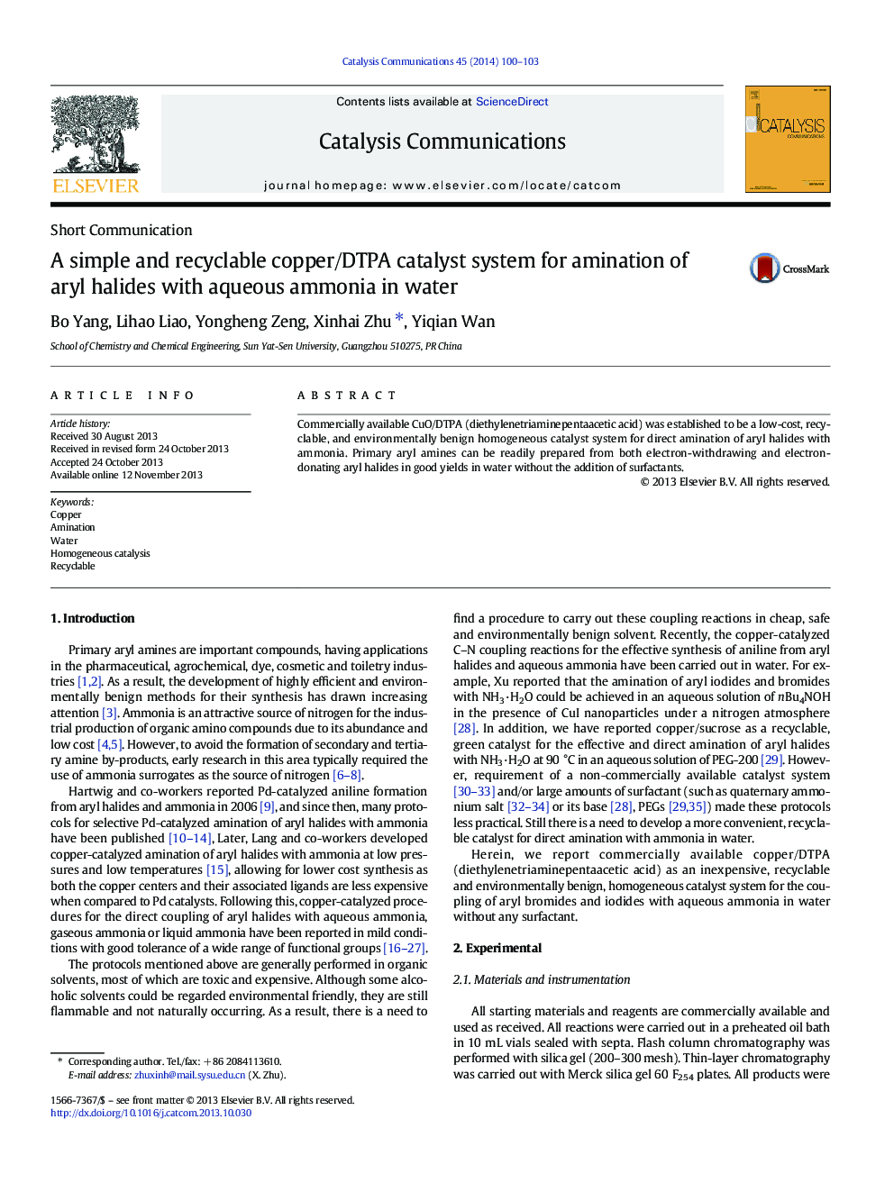 A simple and recyclable copper/DTPA catalyst system for amination of aryl halides with aqueous ammonia in water