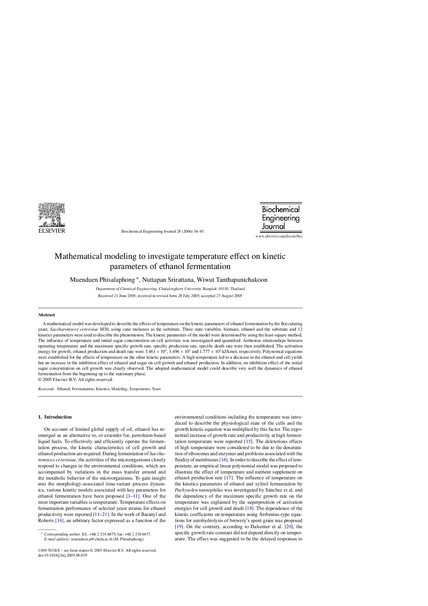 Mathematical modeling to investigate temperature effect on kinetic parameters of ethanol fermentation