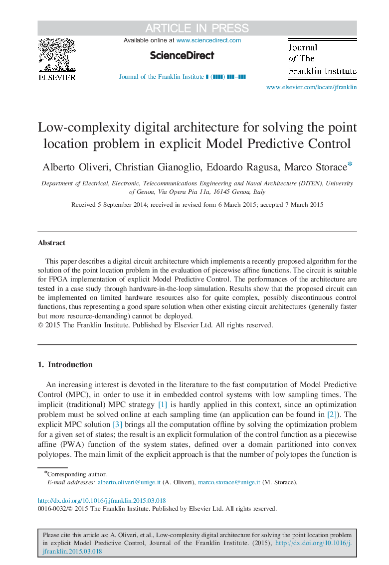 Low-complexity digital architecture for solving the point location problem in explicit Model Predictive Control