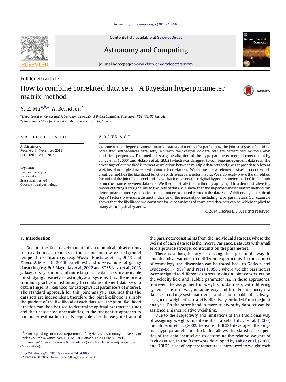 How to combine correlated data sets—A Bayesian hyperparameter matrix method