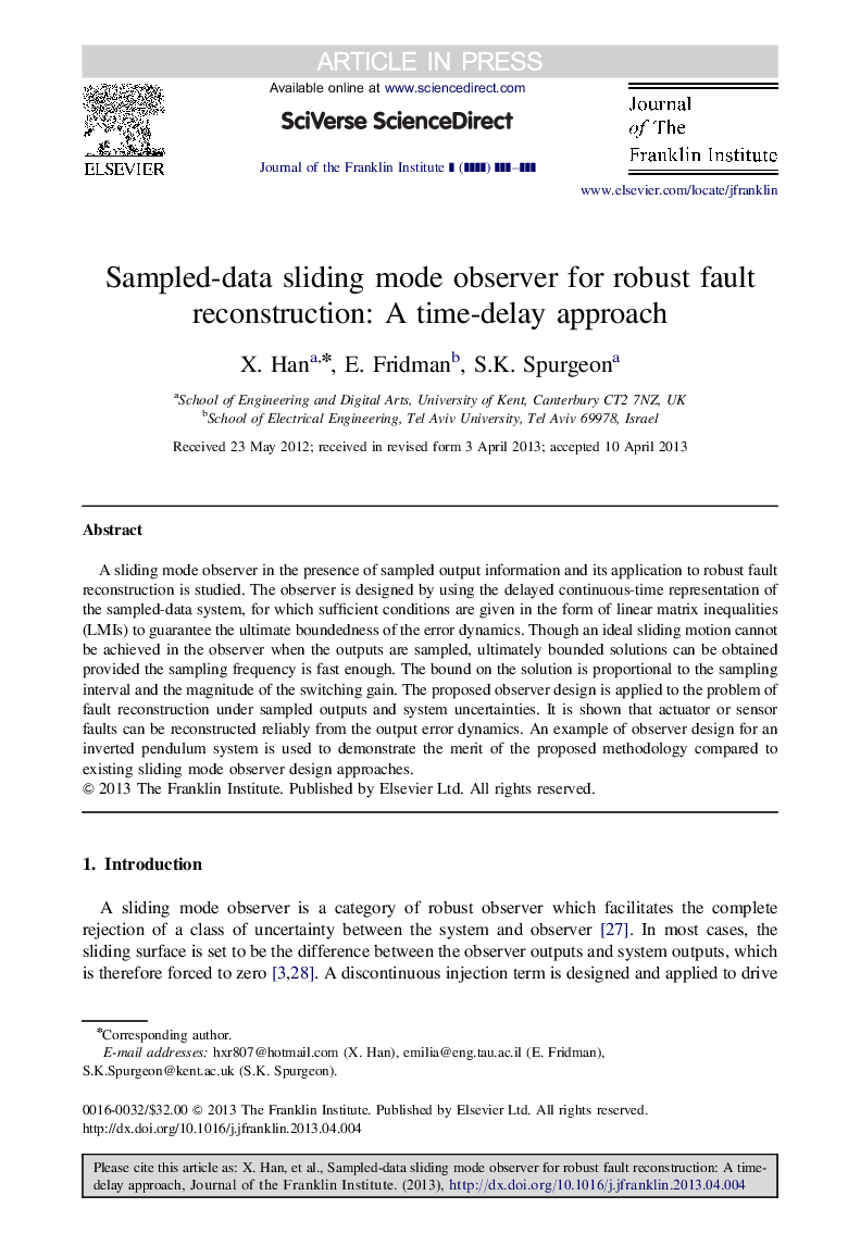 Sampled-data sliding mode observer for robust fault reconstruction: A time-delay approach