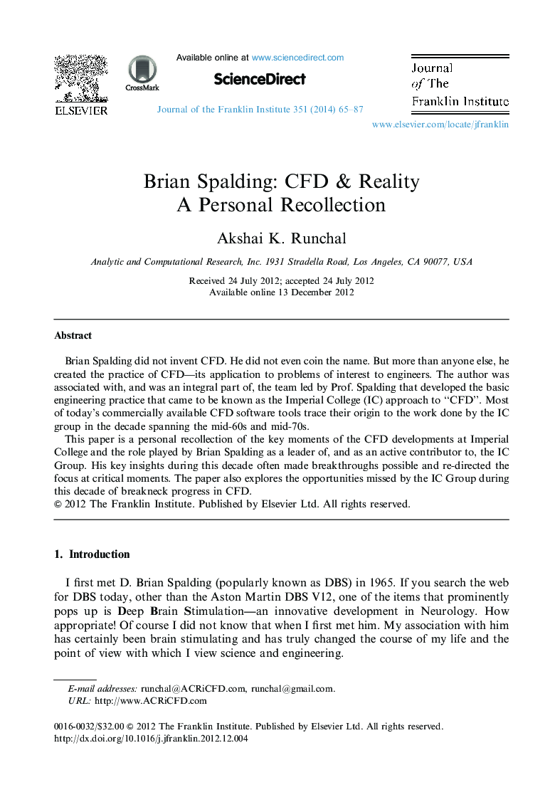 Brian Spalding: CFD & Reality: A Personal Recollection