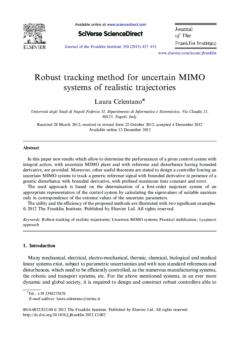 Robust tracking method for uncertain MIMO systems of realistic trajectories