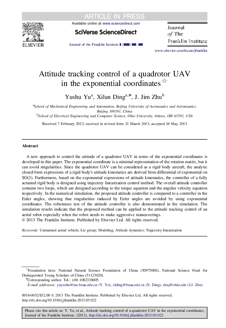 Attitude tracking control of a quadrotor UAV in the exponential coordinates