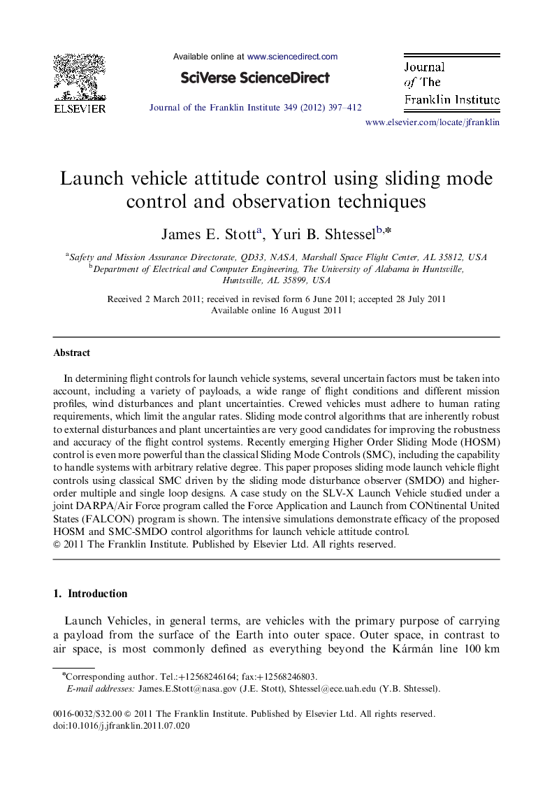 Launch vehicle attitude control using sliding mode control and observation techniques