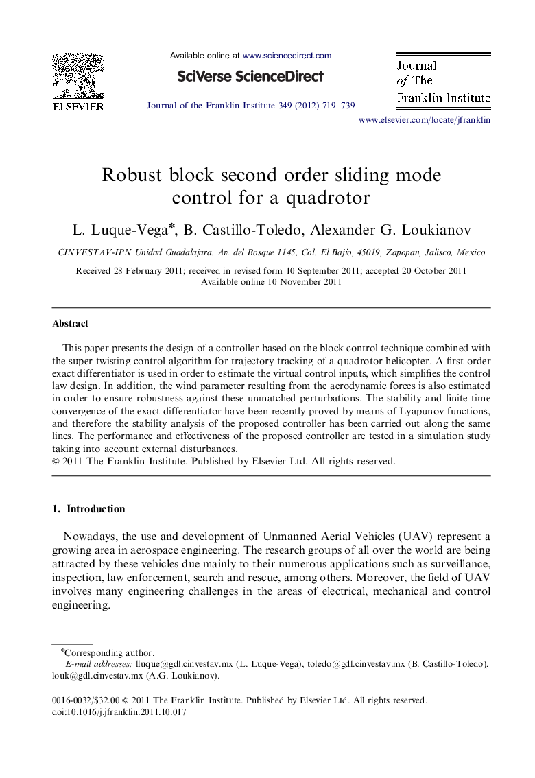 Robust block second order sliding mode control for a quadrotor