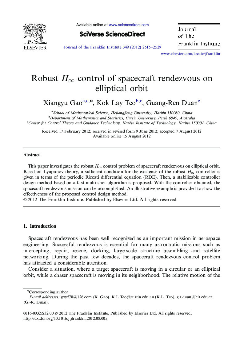 Robust Hâ control of spacecraft rendezvous on elliptical orbit