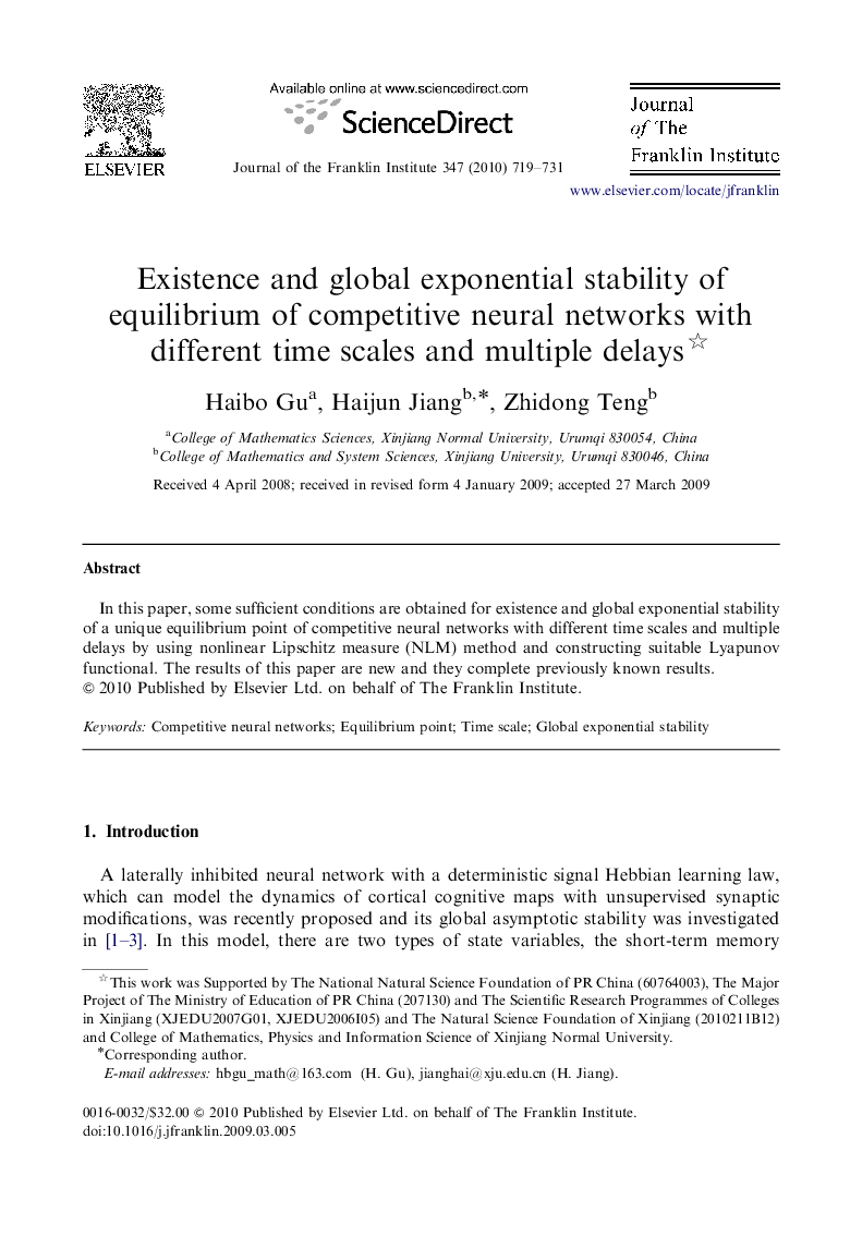 Existence and global exponential stability of equilibrium of competitive neural networks with different time scales and multiple delays