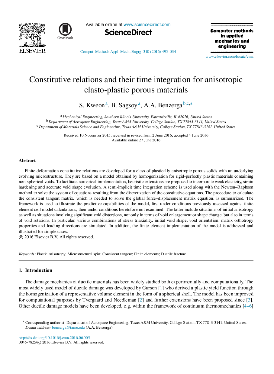 Constitutive relations and their time integration for anisotropic elasto-plastic porous materials