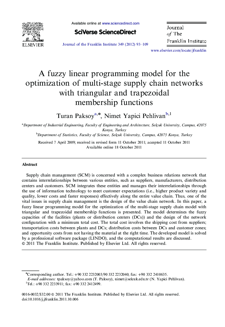 A fuzzy linear programming model for the optimization of multi-stage supply chain networks with triangular and trapezoidal membership functions