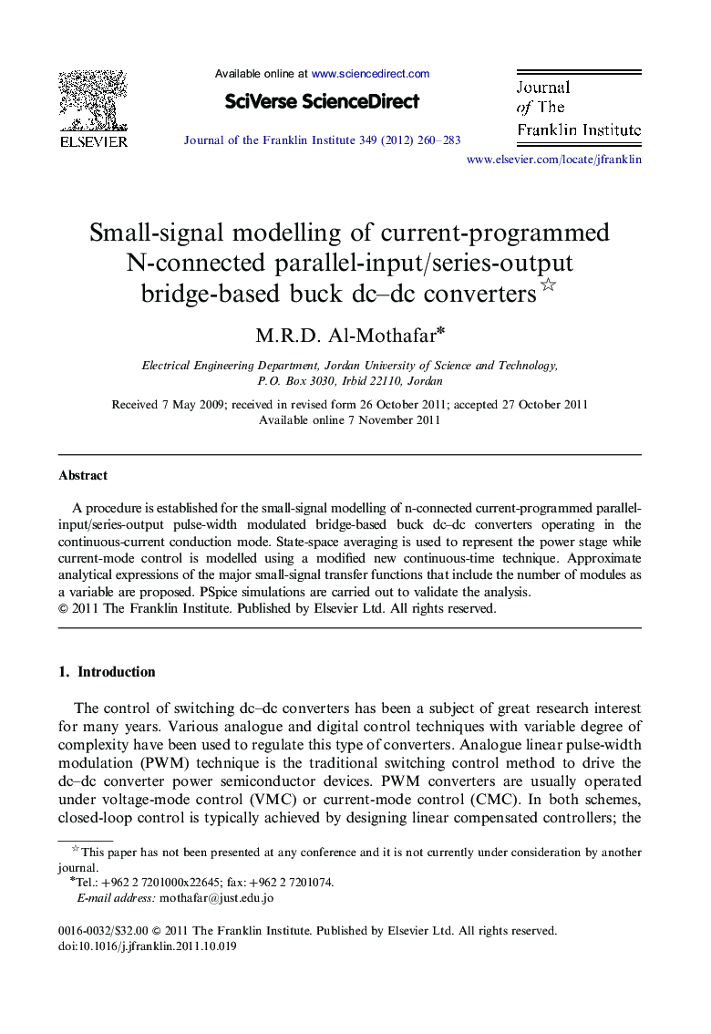 Small-signal modelling of current-programmed N-connected parallel-input/series-output bridge-based buck dc-dc converters
