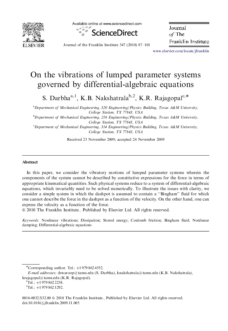 On the vibrations of lumped parameter systems governed by differential-algebraic equations