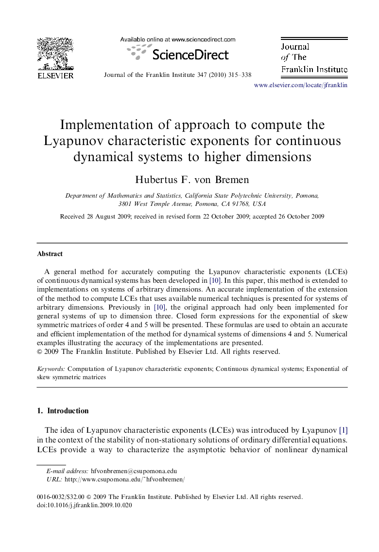 Implementation of approach to compute the Lyapunov characteristic exponents for continuous dynamical systems to higher dimensions