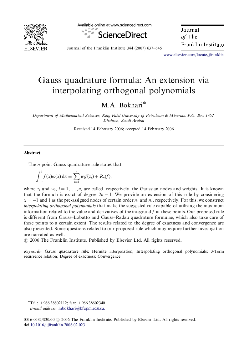 Gauss quadrature formula: An extension via interpolating orthogonal polynomials