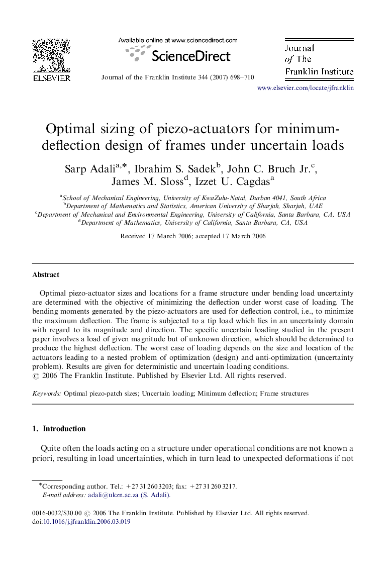 Optimal sizing of piezo-actuators for minimum-deflection design of frames under uncertain loads