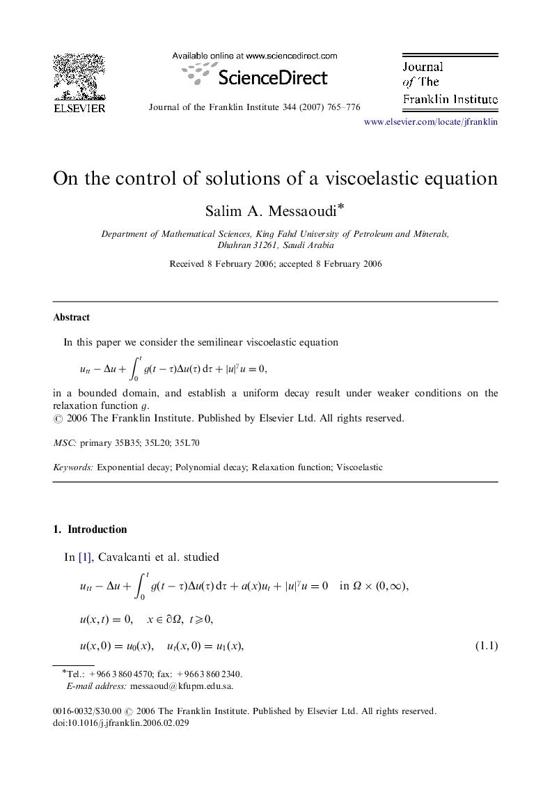 On the control of solutions of a viscoelastic equation