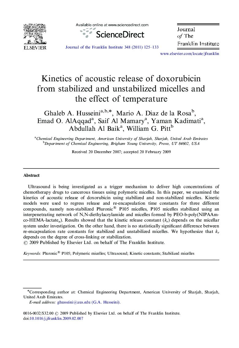 Kinetics of acoustic release of doxorubicin from stabilized and unstabilized micelles and the effect of temperature