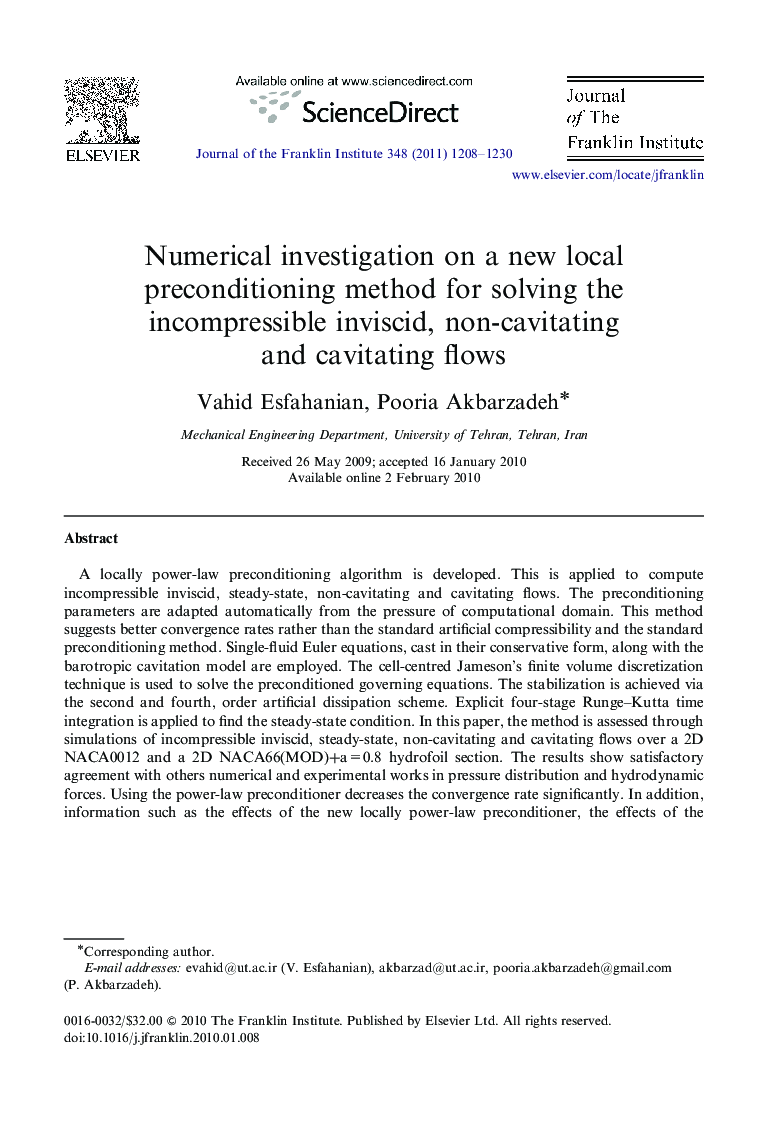 Numerical investigation on a new local preconditioning method for solving the incompressible inviscid, non-cavitating and cavitating flows