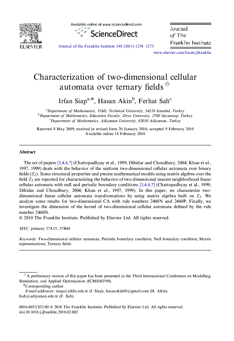 Characterization of two-dimensional cellular automata over ternary fields