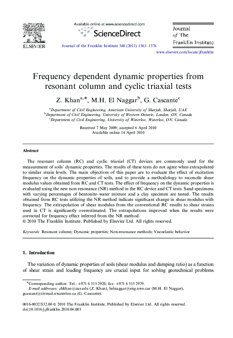 Frequency dependent dynamic properties from resonant column and cyclic triaxial tests