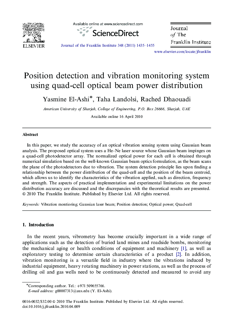 Position detection and vibration monitoring system using quad-cell optical beam power distribution