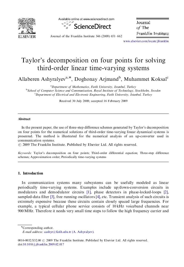 Taylor's decomposition on four points for solving third-order linear time-varying systems