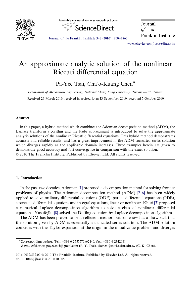 An approximate analytic solution of the nonlinear Riccati differential equation