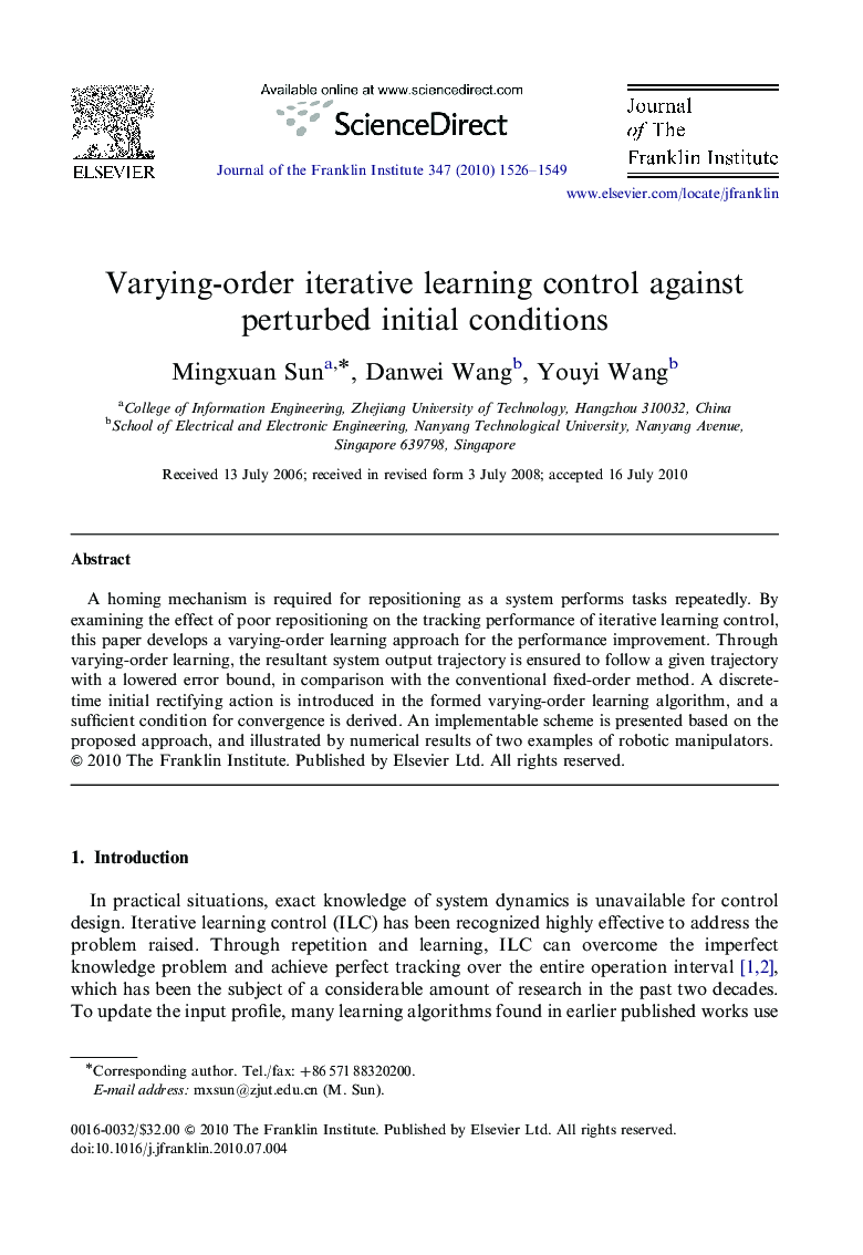 Varying-order iterative learning control against perturbed initial conditions