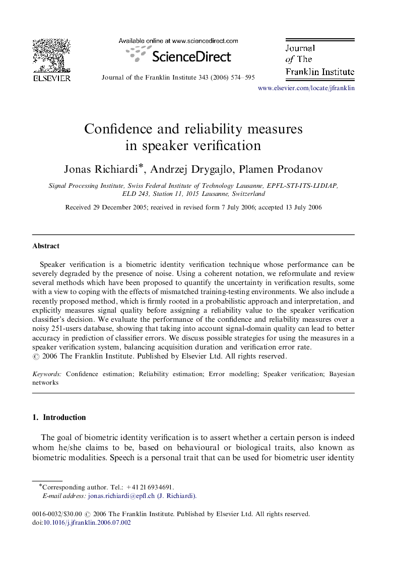 Confidence and reliability measures in speaker verification