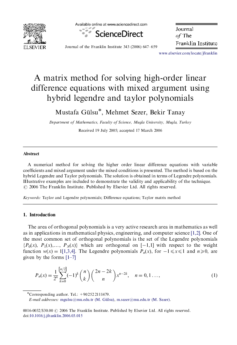 A matrix method for solving high-order linear difference equations with mixed argument using hybrid legendre and taylor polynomials