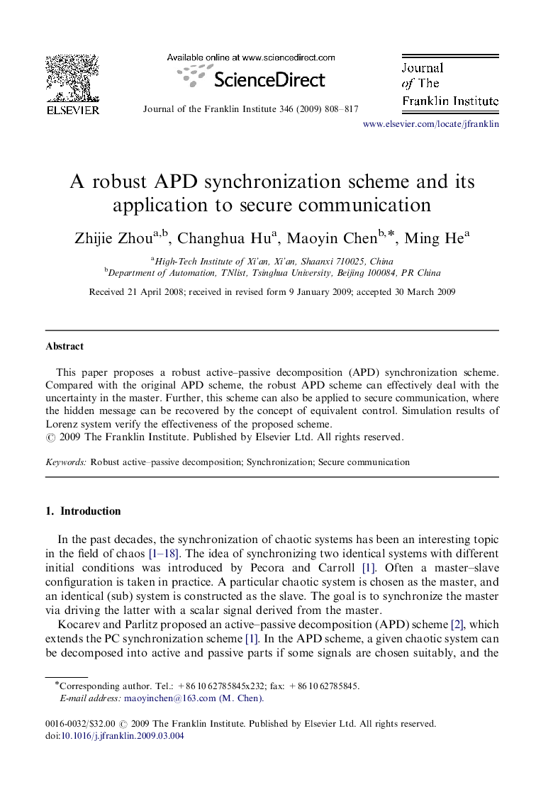 A robust APD synchronization scheme and its application to secure communication