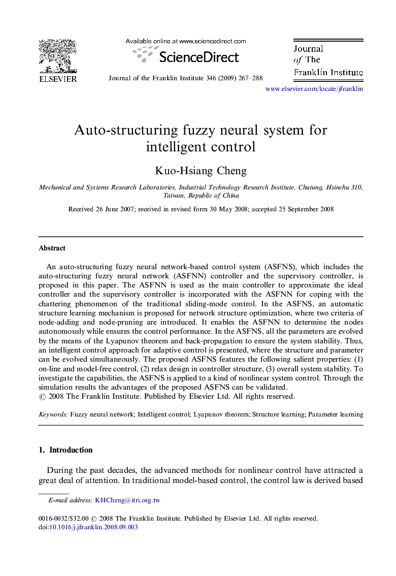 Auto-structuring fuzzy neural system for intelligent control