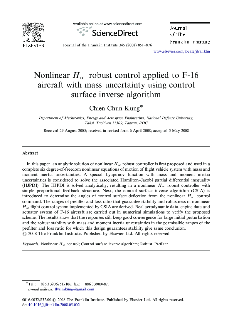 Nonlinear Hâ robust control applied to F-16 aircraft with mass uncertainty using control surface inverse algorithm