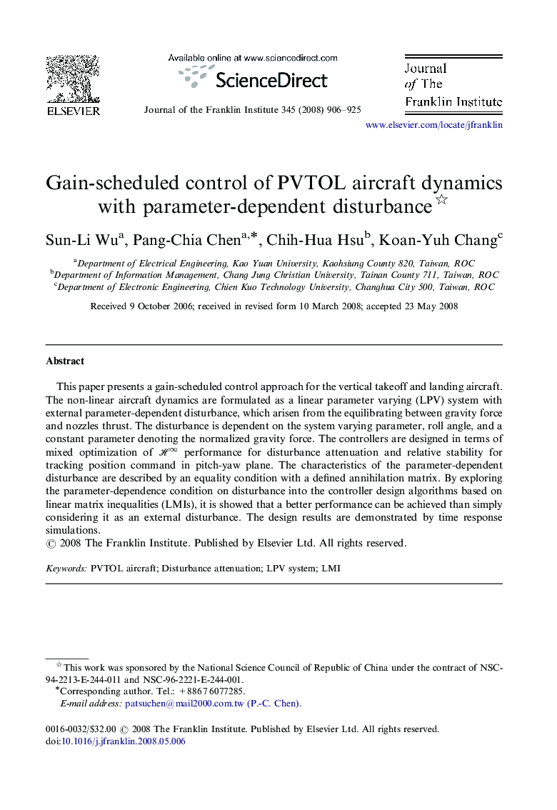 Gain-scheduled control of PVTOL aircraft dynamics with parameter-dependent disturbance