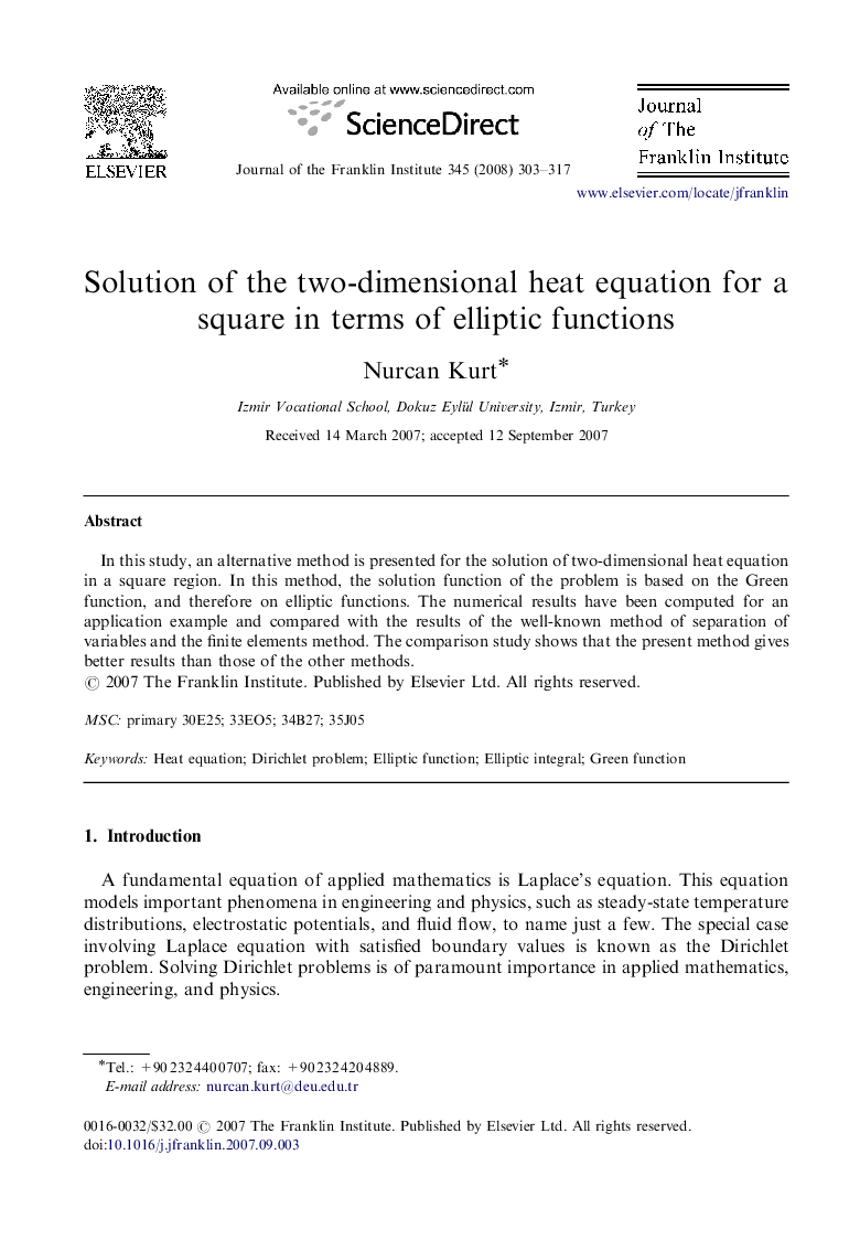 Solution of the two-dimensional heat equation for a square in terms of elliptic functions