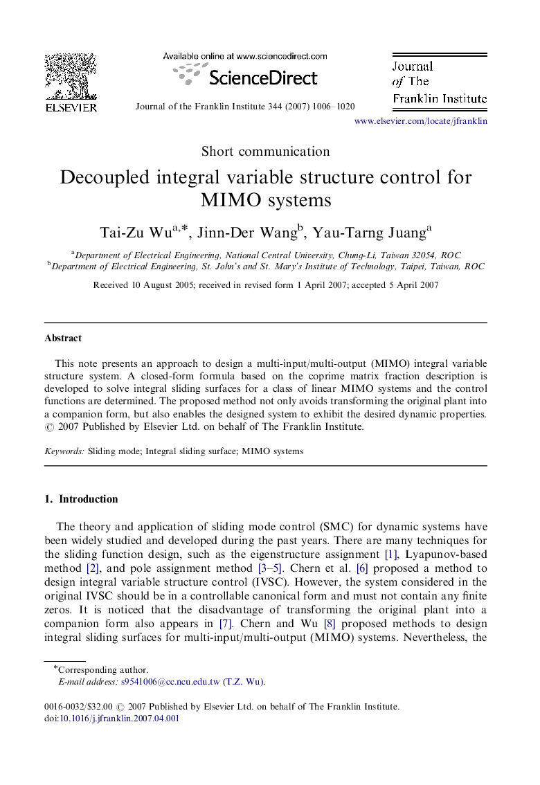 Decoupled integral variable structure control for MIMO systems