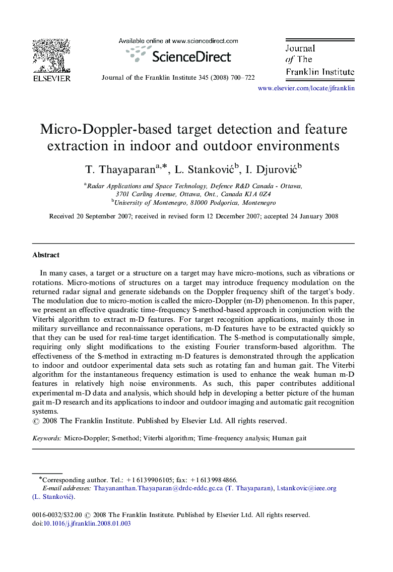 Micro-Doppler-based target detection and feature extraction in indoor and outdoor environments