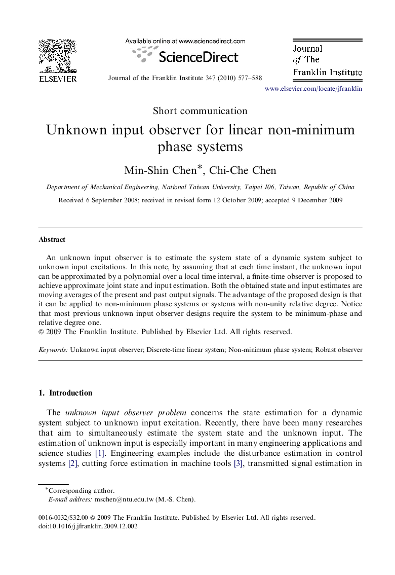 Unknown input observer for linear non-minimum phase systems