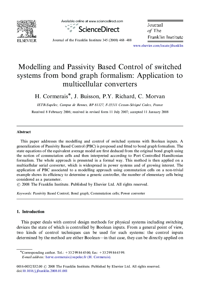 Modelling and Passivity Based Control of switched systems from bond graph formalism: Application to multicellular converters