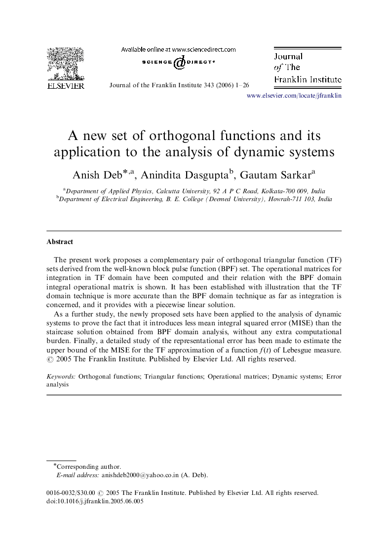 A new set of orthogonal functions and its application to the analysis of dynamic systems
