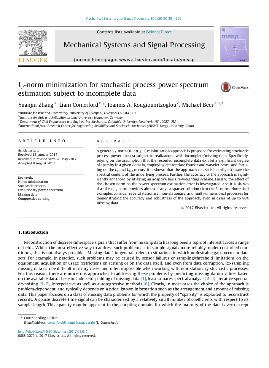 Lp-norm minimization for stochastic process power spectrum estimation subject to incomplete data