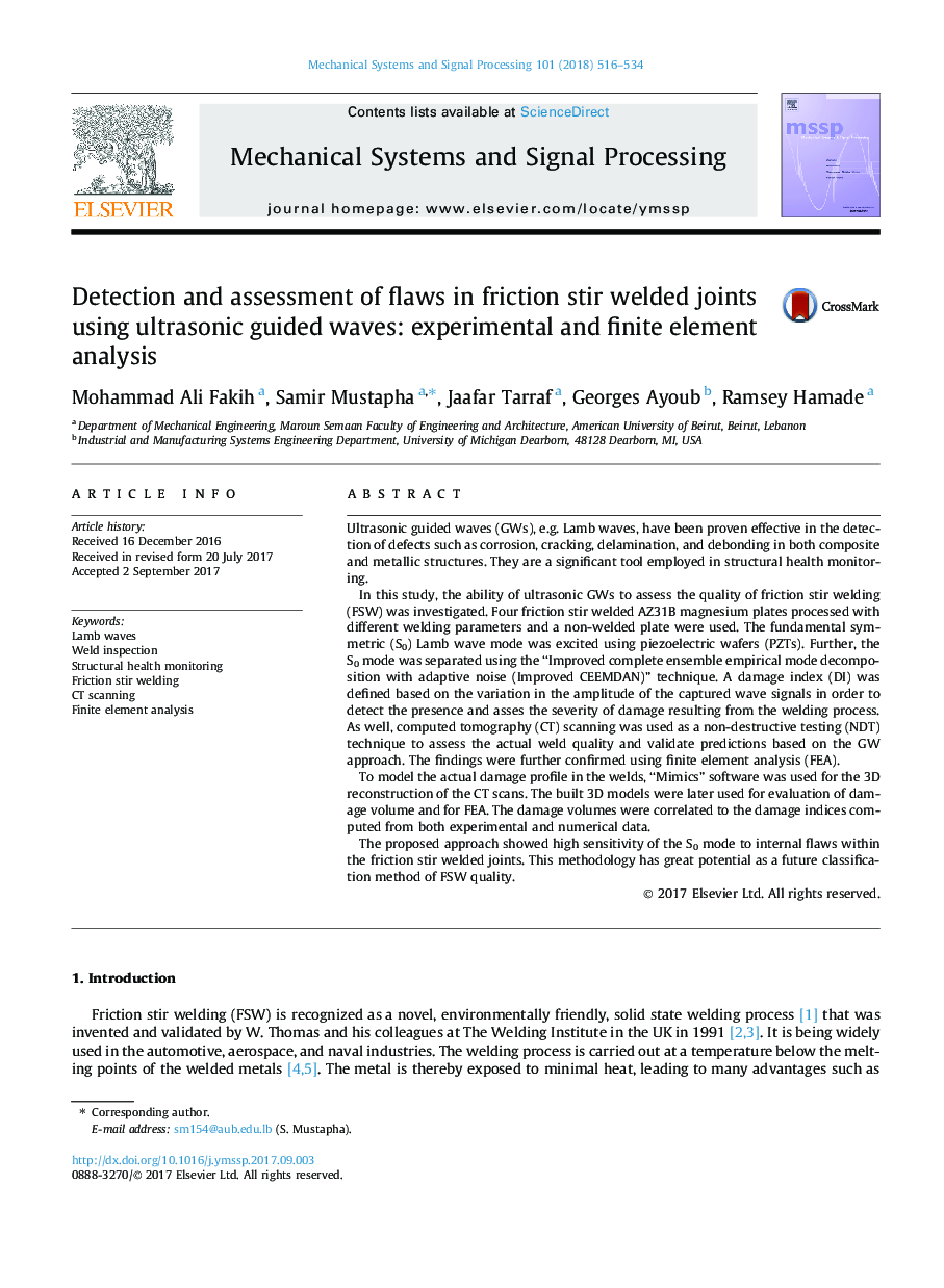 Detection and assessment of flaws in friction stir welded joints using ultrasonic guided waves: experimental and finite element analysis