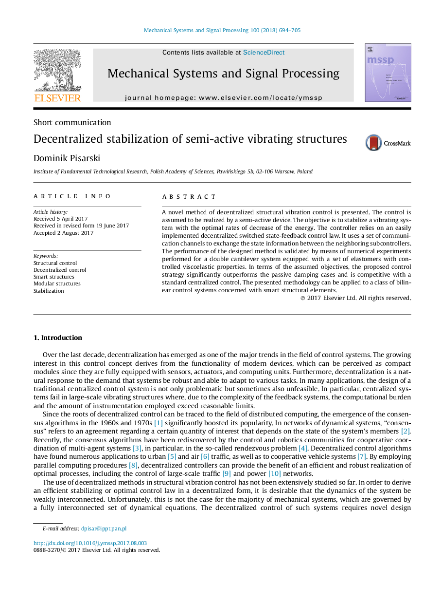 Decentralized stabilization of semi-active vibrating structures