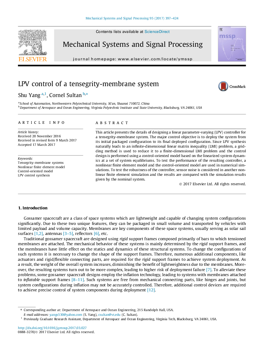 LPV control of a tensegrity-membrane system