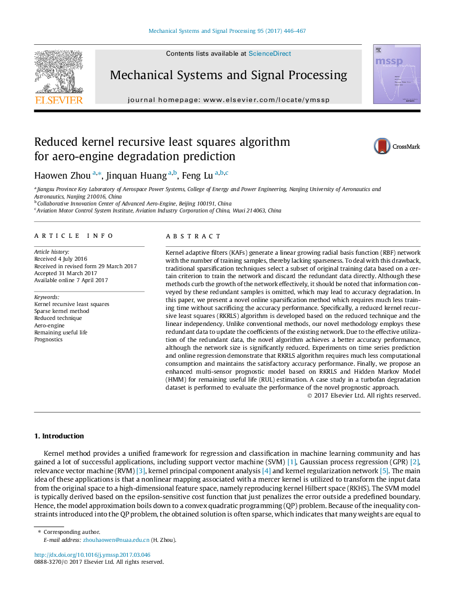 Reduced kernel recursive least squares algorithm for aero-engine degradation prediction