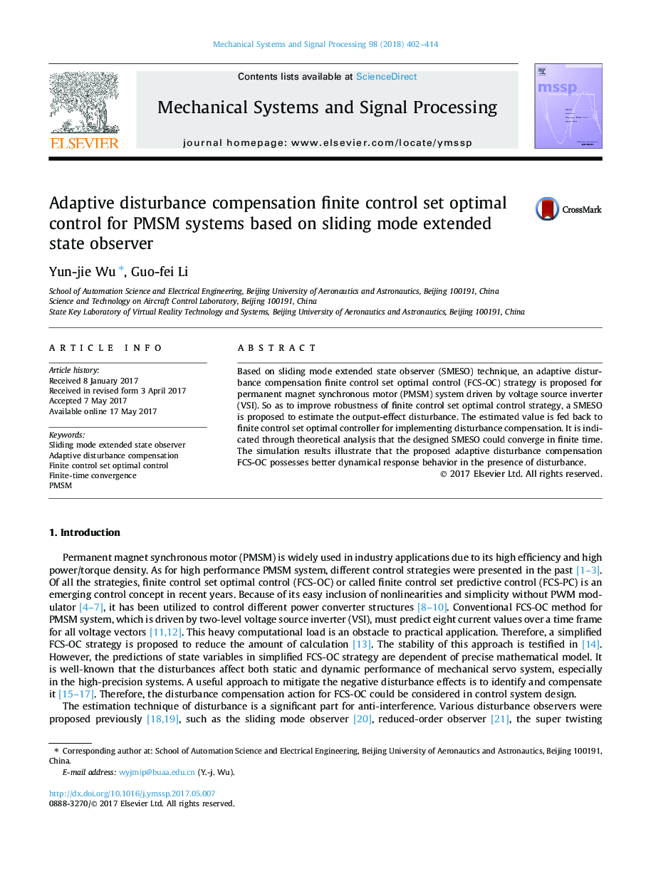 Adaptive disturbance compensation finite control set optimal control for PMSM systems based on sliding mode extended state observer