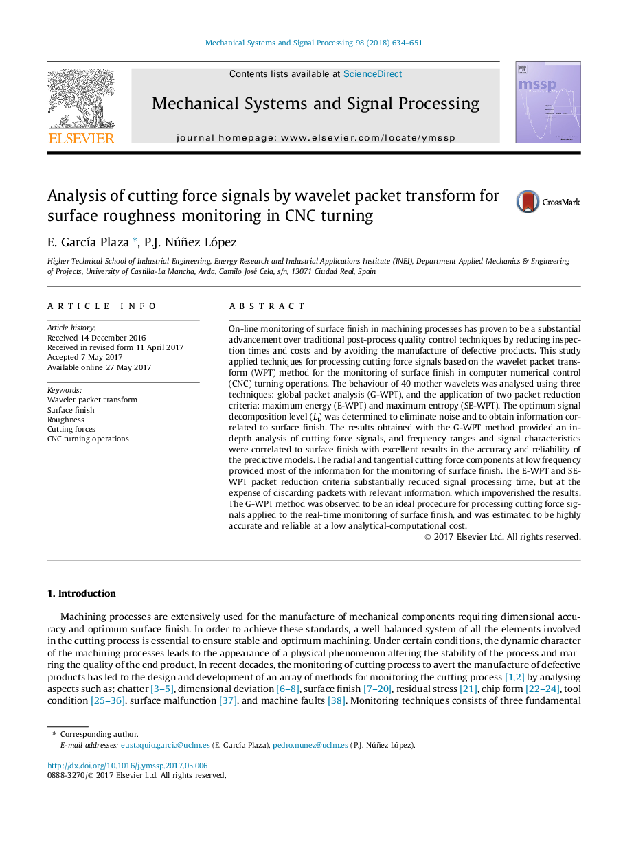 Analysis of cutting force signals by wavelet packet transform for surface roughness monitoring in CNC turning